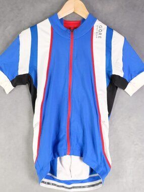 Gore Bike Wear Jersey Mens Small Blue White Red Stripe Cycling Full Zip